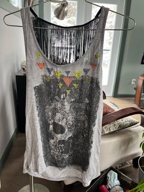 Fringe Back Skull Graphic Tank with Neon Studs